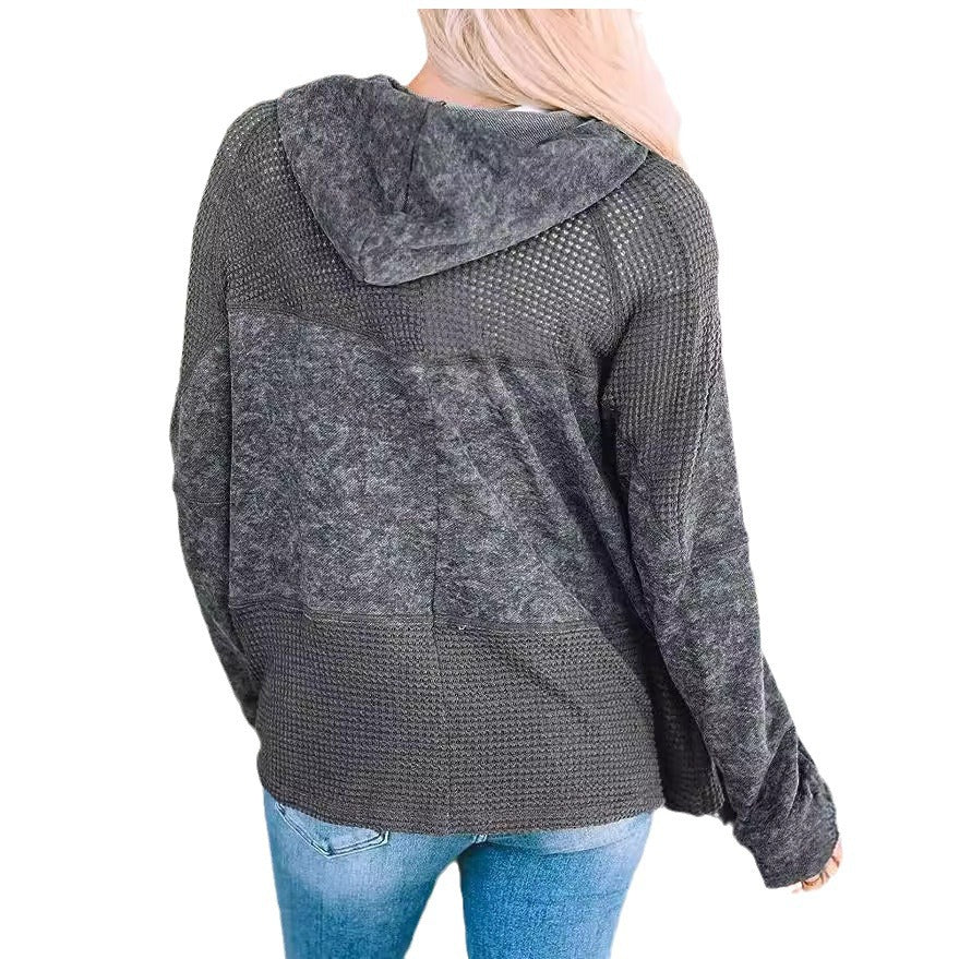 Damen Lässige Oversize-Kapuzenjacke mit Strukturstrick-Einsätzen und Reißverschluss Chichicherry
