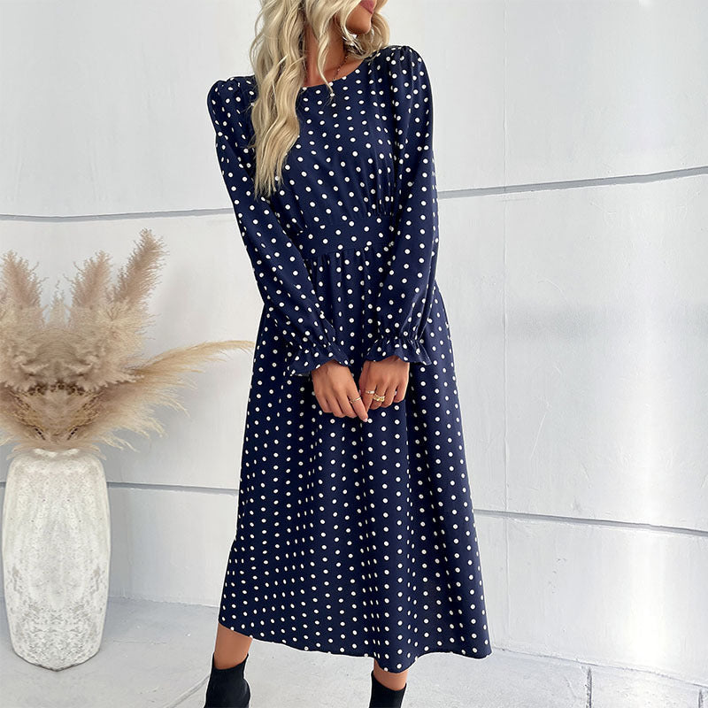 Women's Polka Dot Midi Dress with Ruffled Waist and Balloon Sleeves Chichicherry