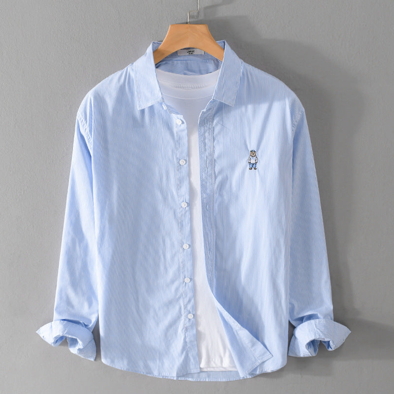 Men's Striped Cotton Shirt with Fine Embroidery and Relaxed Fit Chichicherry