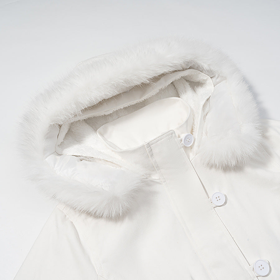 Women's short jacket with padded lining, hood with faux fur trim and ribbed hem Chichicherry