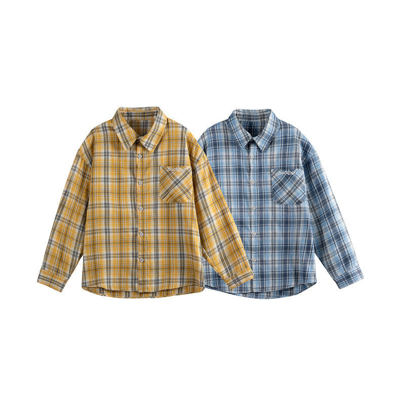 Women's Loose Checkered Shirt Blouse in Boxy Relaxed Fit with Patch Chest Pocket and Fine Embroidery Chichicherry