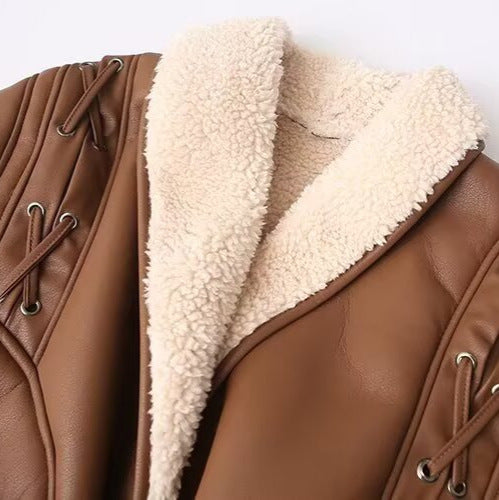 Women's Short Faux Leather Jacket with Teddy Lining, Shawl Collar and Waist Belt Chichicherry