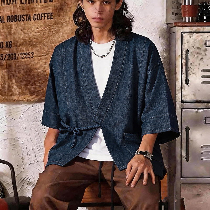 Unisex Jeans-Kimono Jacket with Ties and Patch Pockets Chichicherry