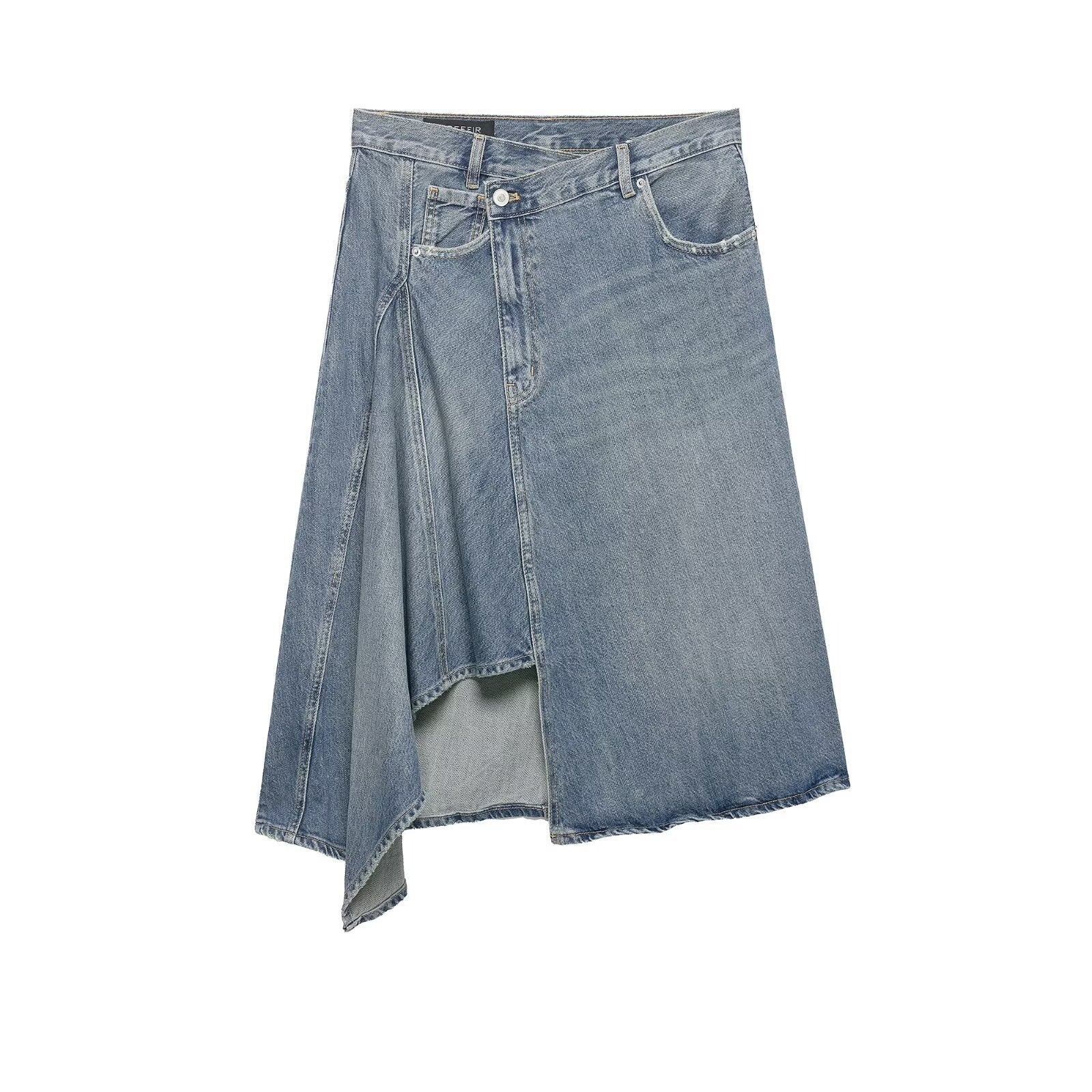 Women's Asymmetrical Denim Wrap Skirt with Inserts and Pockets Chichicherry