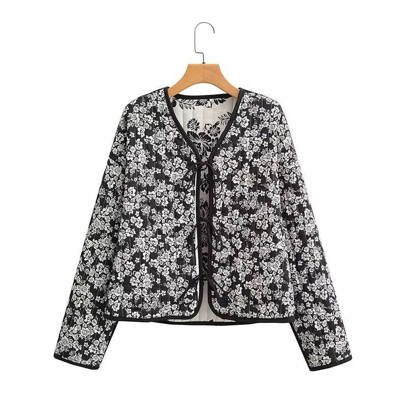 Women's Quilted Short Jacket with Floral Allover Print and Tie Ribbons Chichicherry