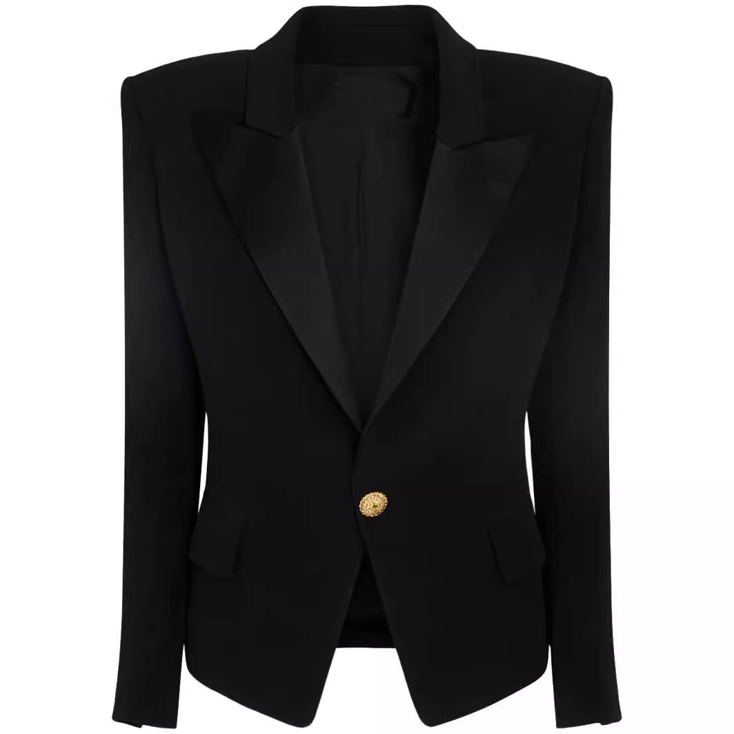 Women Slim-Fit Tuxedo Blazer in Tailoring with Emphasized Shoulder and Gold Decorative Button Placket Chichicherry