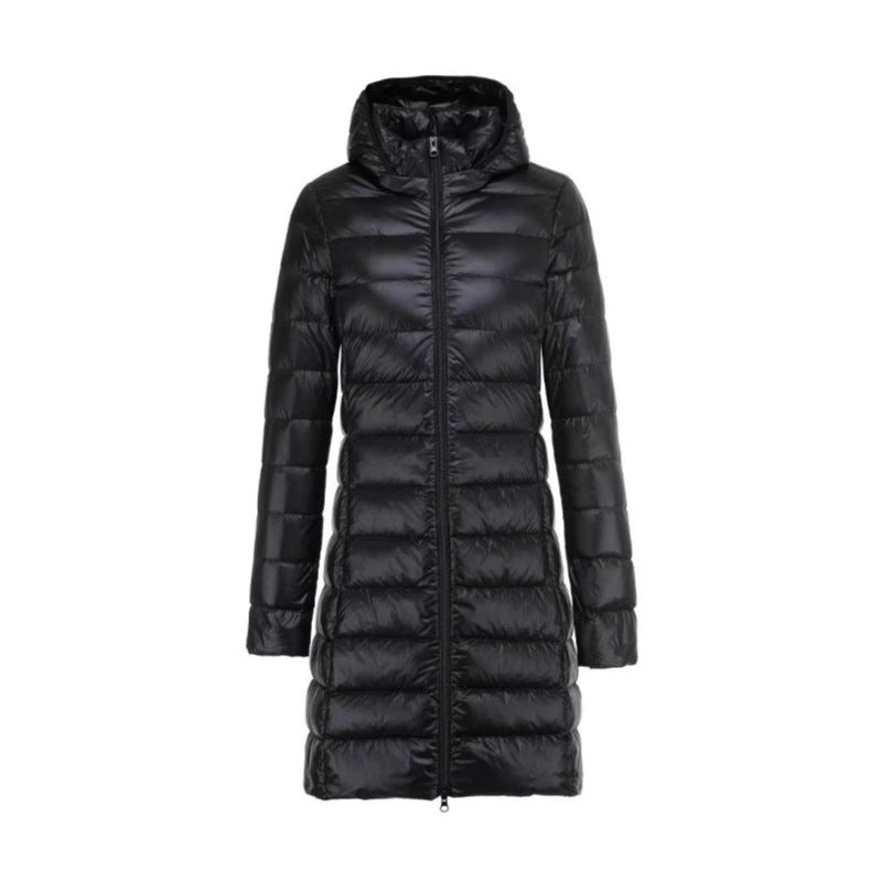 Women Long Cut Ultra-Light Thermal Parka with Contoured Silhouette and Hood Chichicherry