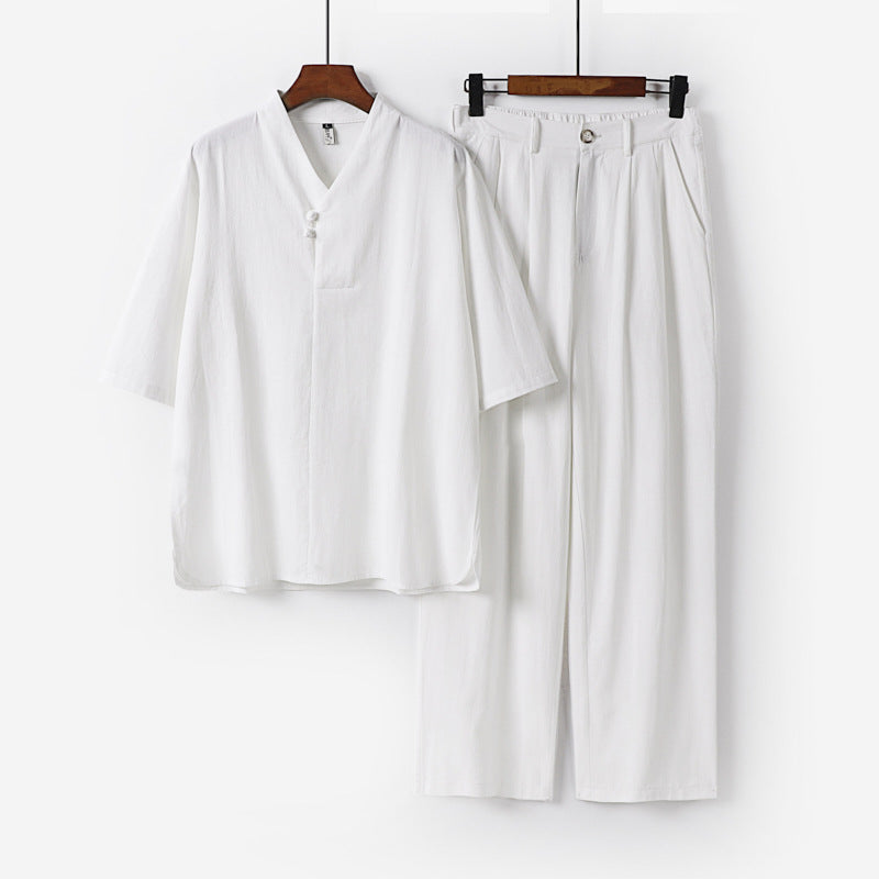 Men's Two-Piece Lightweight Kimono Loungewear Set with Stand Collar Tie Closure Short Sleeve and Wide Leg Pants Chichicherry
