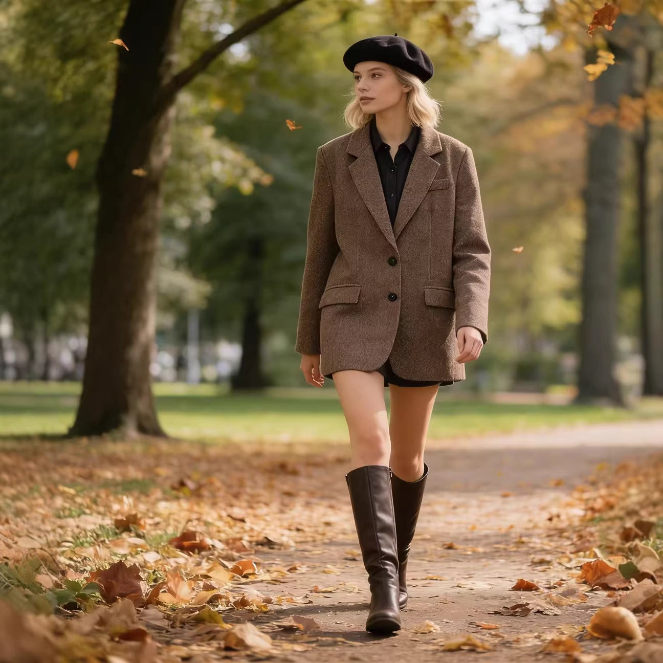 Women's Oversize Tweed Blazer with Houndstooth Pattern and Flap Pockets Chichicherry