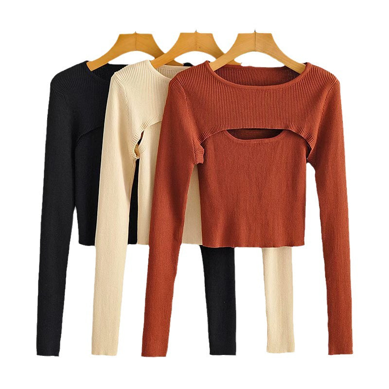 Women short cut ribbed knit top with asymmetric cut-outs and round neckline Chichicherry