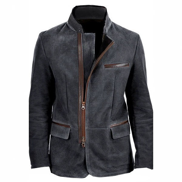 Men's suede field jacket in pilot style with stand-up collar, asymmetrical double-opening zipper and contrasting leather trims Chichicherry