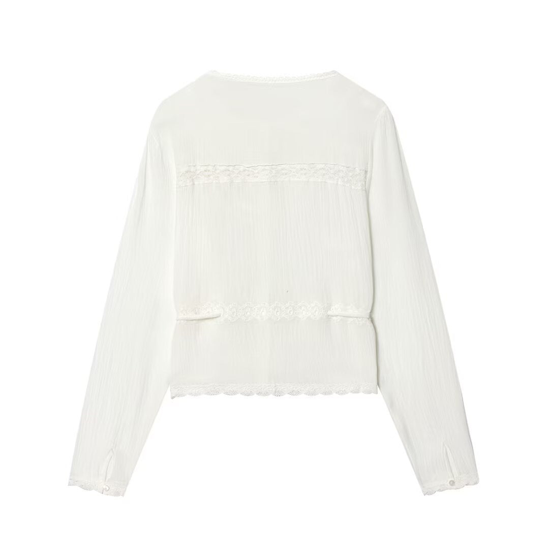Women’s Light Embroidery Blouse with Lace Collar, Tie Waist and Button Placket Chichicherry
