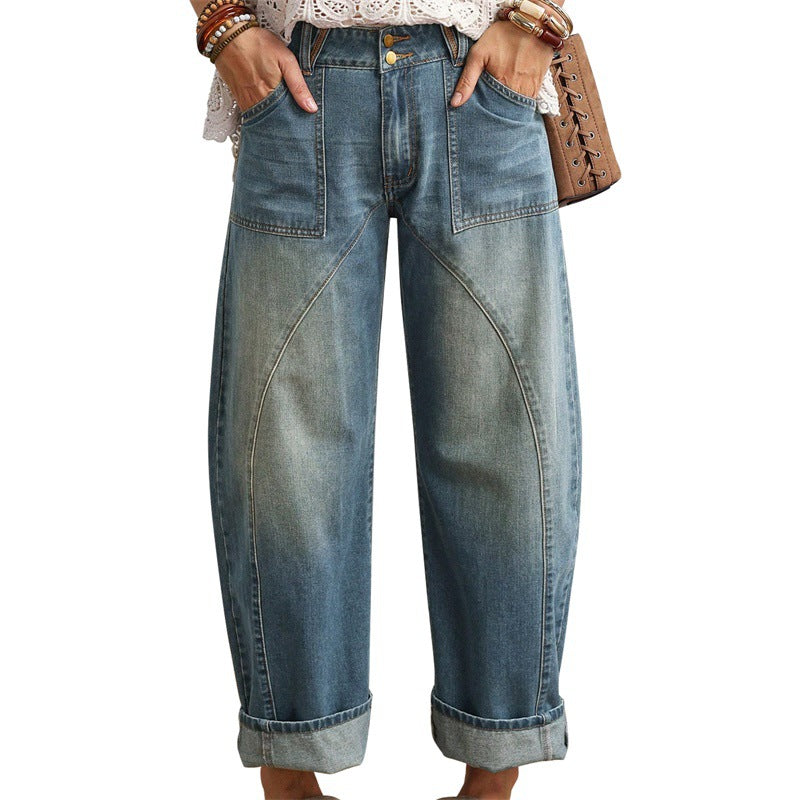 Women Wide High-Cut Jeans with Curved Seam Details and Patch Pockets Chichicherry