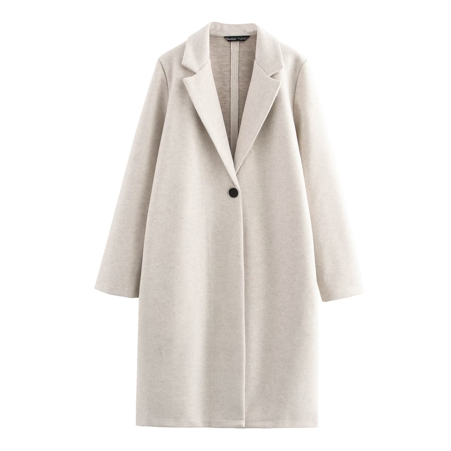 Ladies Purist longline coat with lapel collar, single button closure and soft felt finish Chichicherry