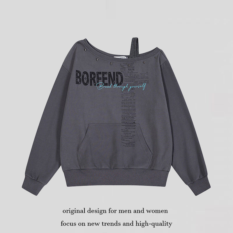 Women's Oversize Sweatshirt with Asymmetric One-Shoulder Strap, Kangaroo Pocket and Studs Chichicherry