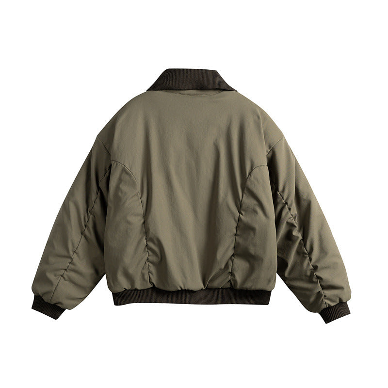 Men's Short Boxy Insulated Field Bomber Jacket with Contrasting Knit Collar and Diagonal Zip Pockets Chichicherry