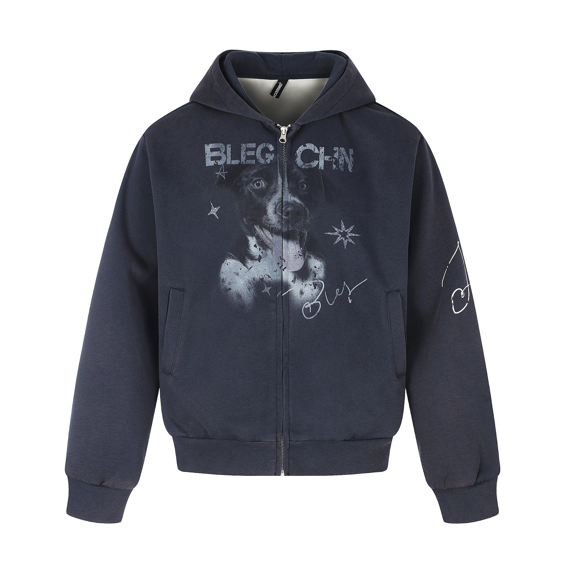 Unisex Short Cut Hooded Zip Jacket with Graphic Dog Print and Ribbed Hem Chichicherry