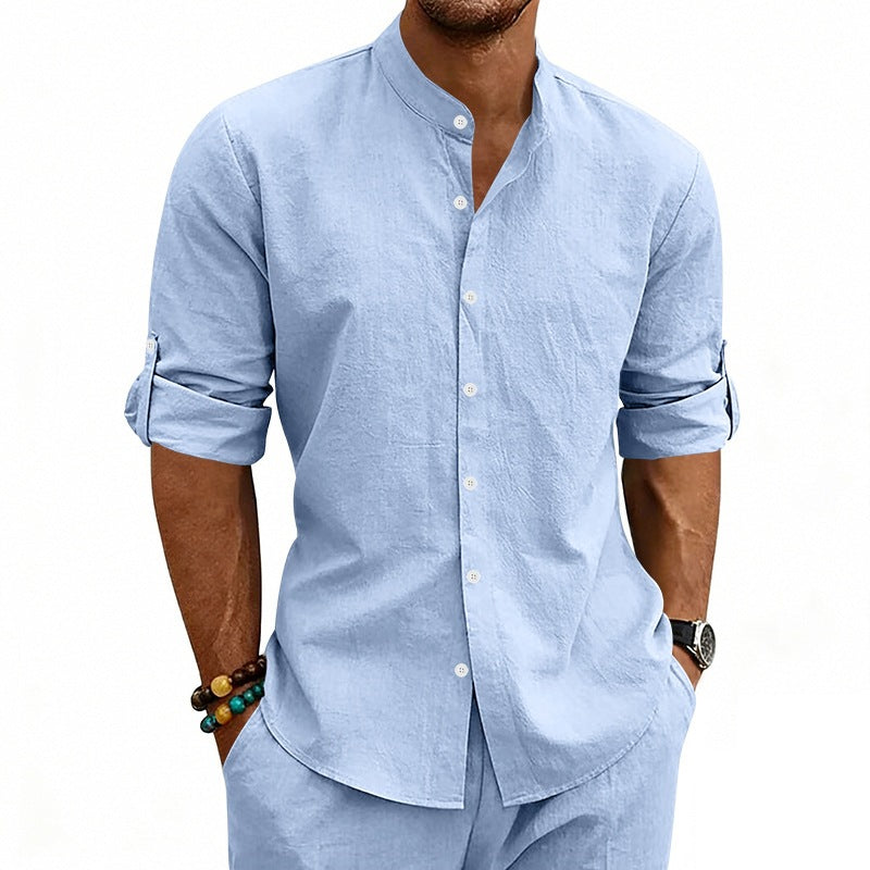 Men's Modern Linen Blend Shirt with Stand Collar, Roll-up Sleeves and Narrow Placket Chichicherry
