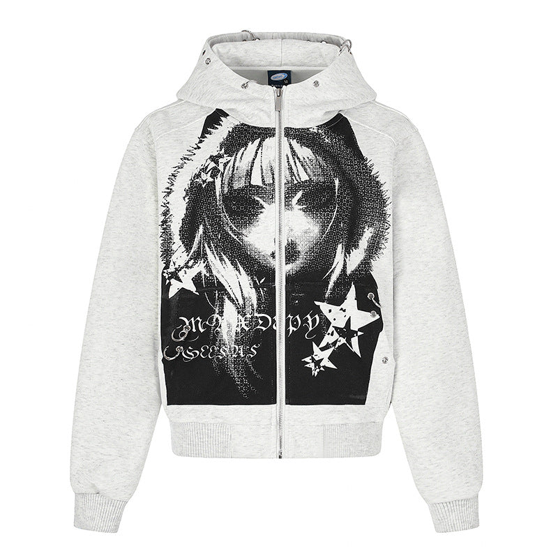 Ladies Hooded Sweat Jacket with Photorealistic Manga Front Print, Fleece Lining and Full Zip Chichicherry