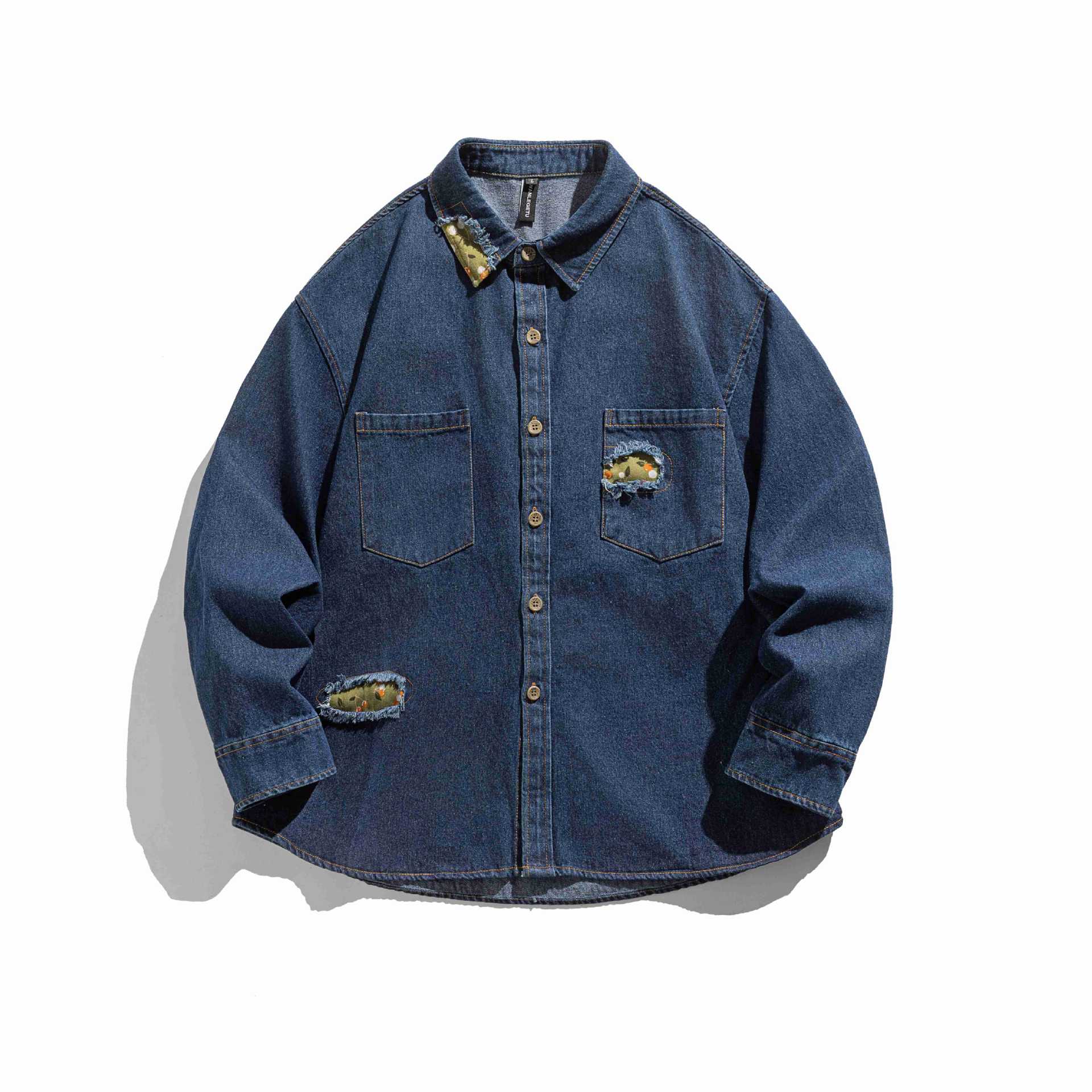 Men's Oversized Denim Shirt Jacket with Used Effects and Camouflage Patches Chichicherry