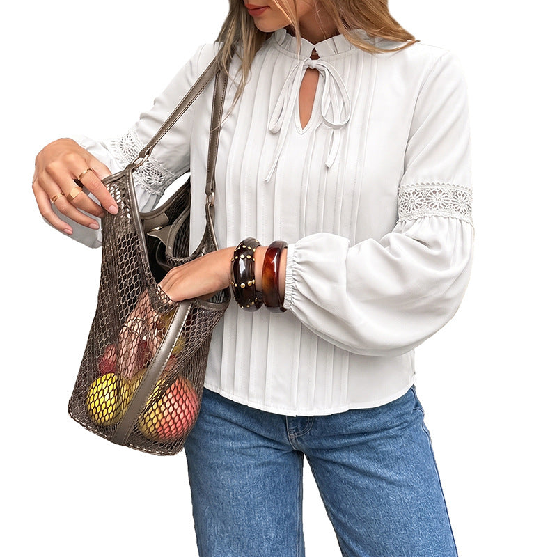 Ladies Pleated Chiffon Blouse with Bow Collar and Lace Insert Chichicherry