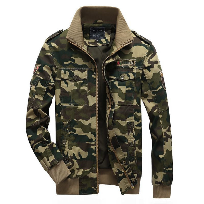 Men's Camo Utility Bomber Jacket with Stand-Up Collar, Multiple Pockets and Ribbed Cuffs Chichicherry