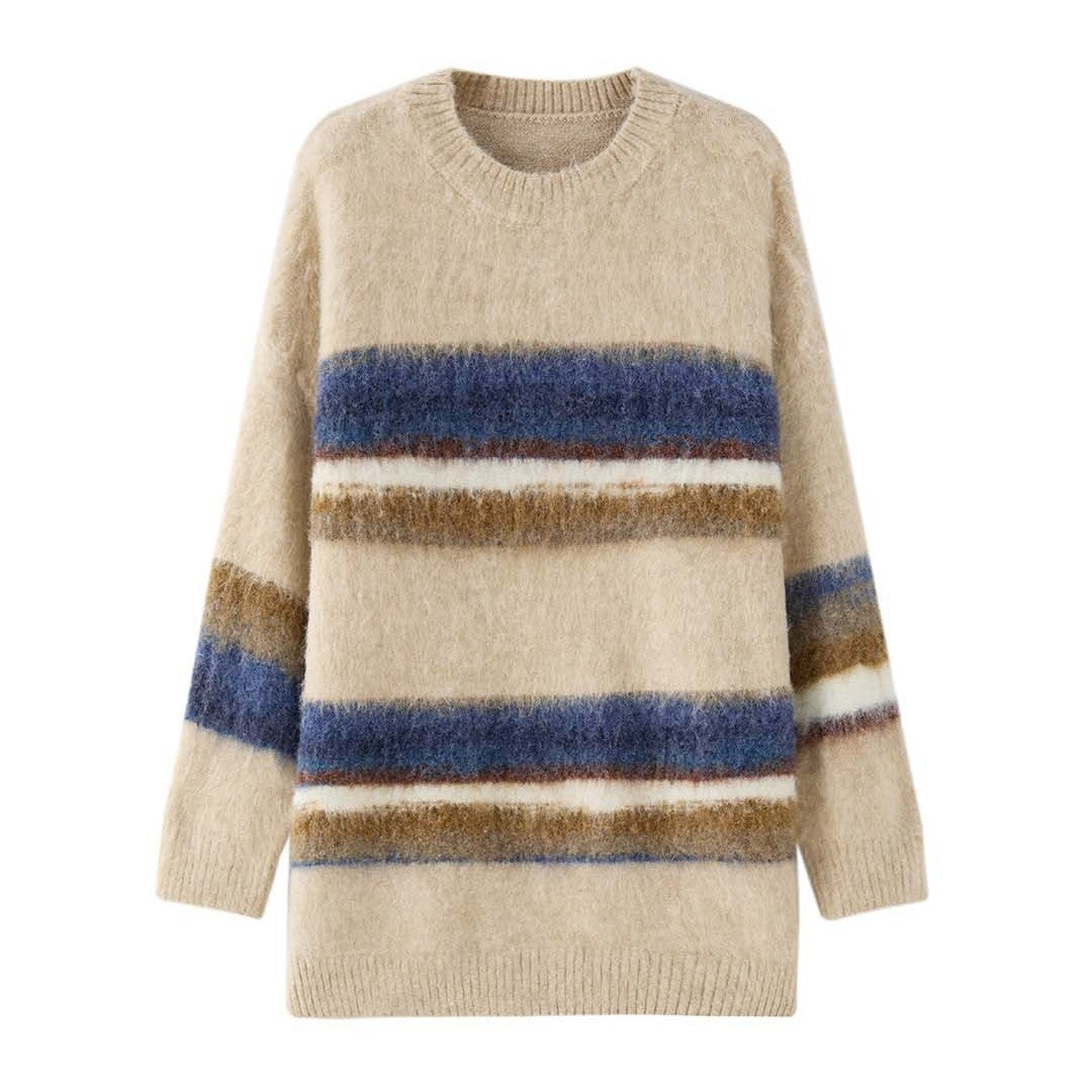 Women Soft Mohair Mix Sweater with Striped Relaxed Silhouette Chichicherry
