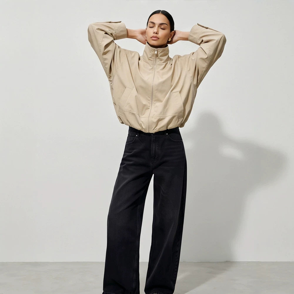Women's Boxy-Cropped Windbreaker Jacket with High Standing Collar and Straight Hem Chichicherry