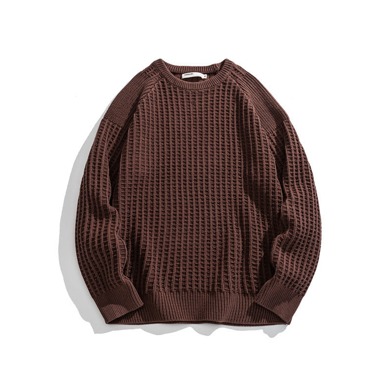 Men's Structured Waffle Knit Crew Neck Sweater with Raglan Sleeves Chichicherry