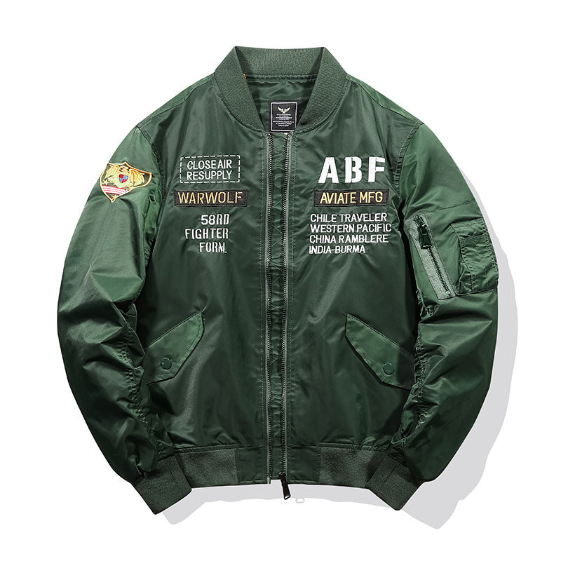 Men's pilot bomber jacket in vintage military style with embroidered patches and utility arm pocket Chichicherry