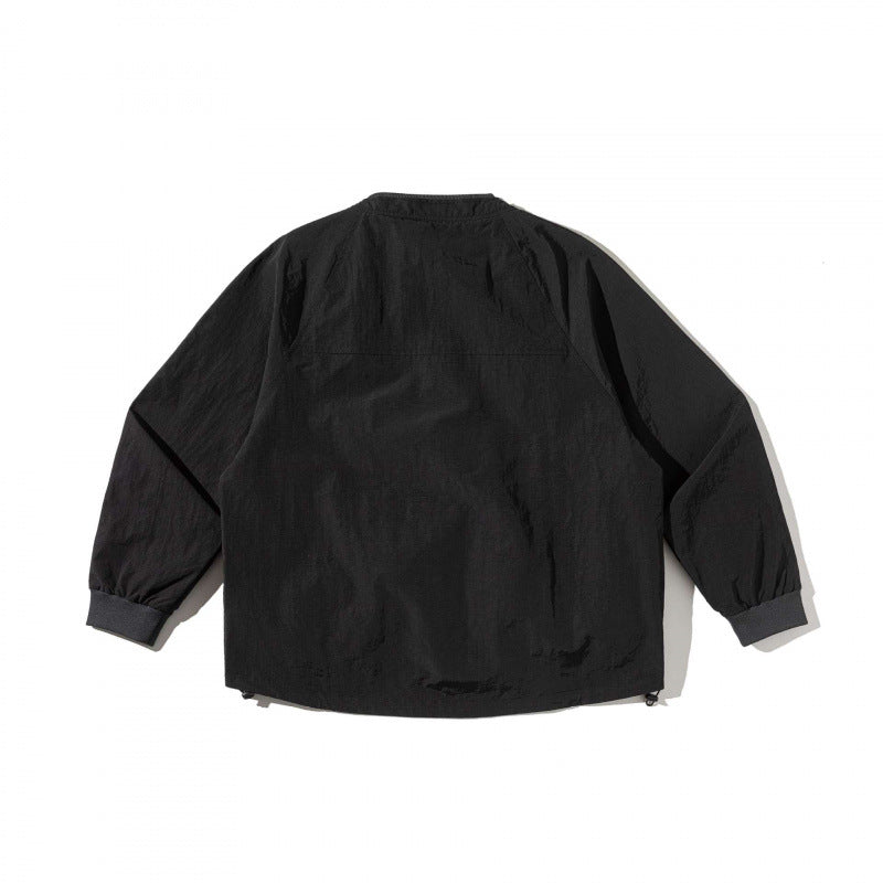Unisex Short Cut Boxy Overlayer Jacket in Utility Style with Flap Pockets and Drawstring Chichicherry