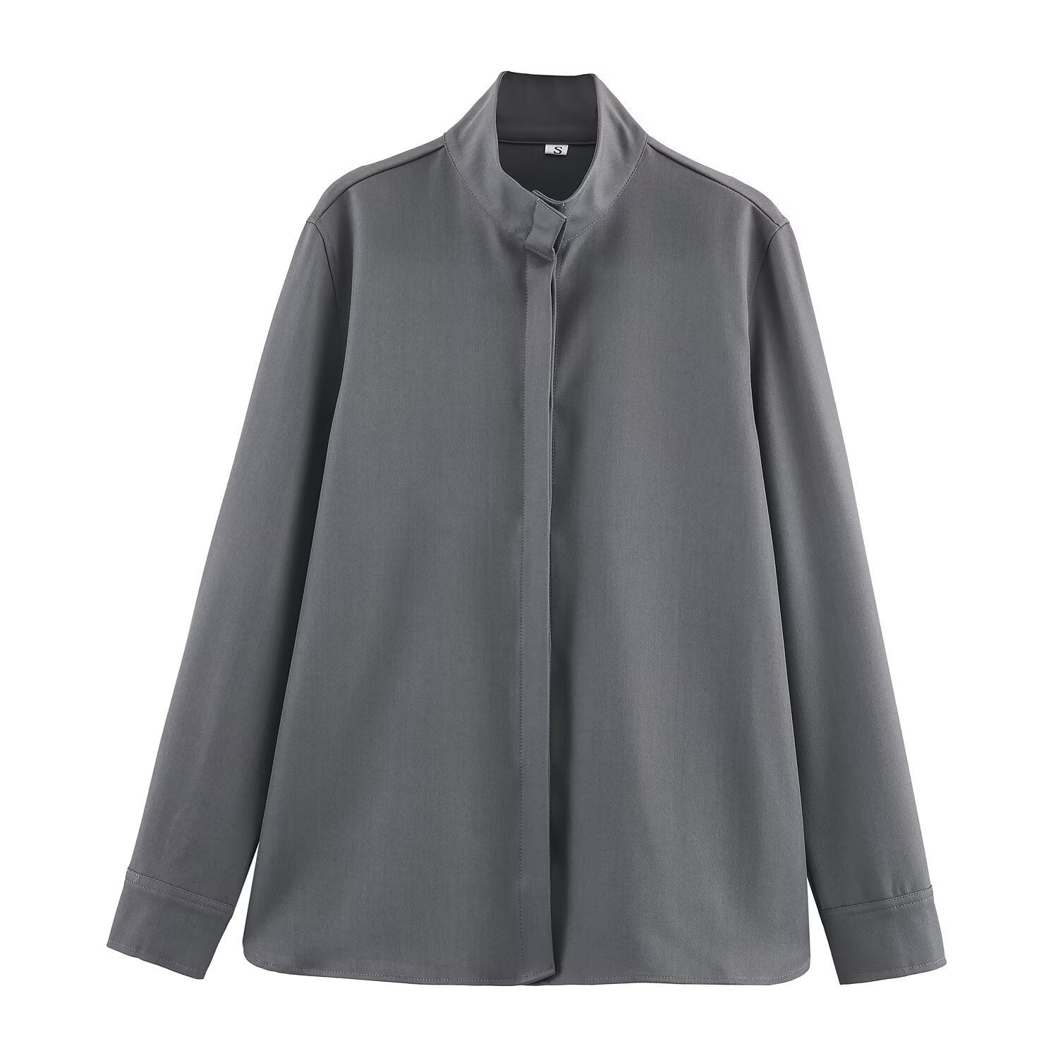 Women's loose-fitting tunic blouse with concealed button placket and stand-up collar Chichicherry