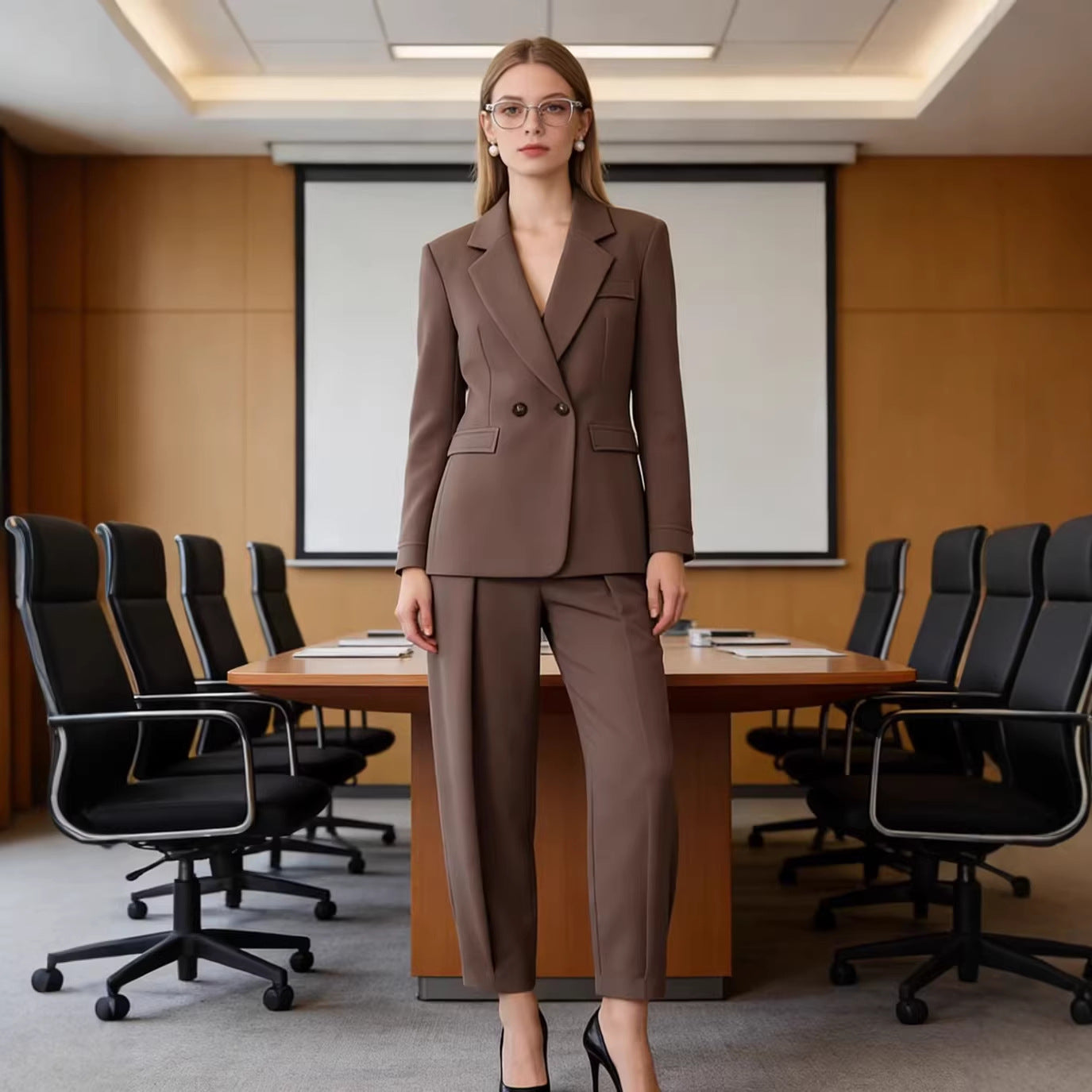 Women's Two-Piece Suit Set with Tailored Double-Breasted Blazer and High-Waisted Pleated Trousers Chichicherry