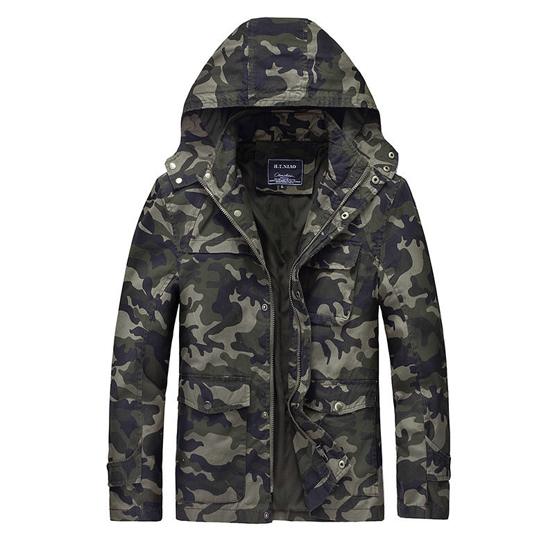 Men's Camouflage Field Jacket with Hood, Multifunctional Exterior Pockets and Drawstring Waist Chichicherry