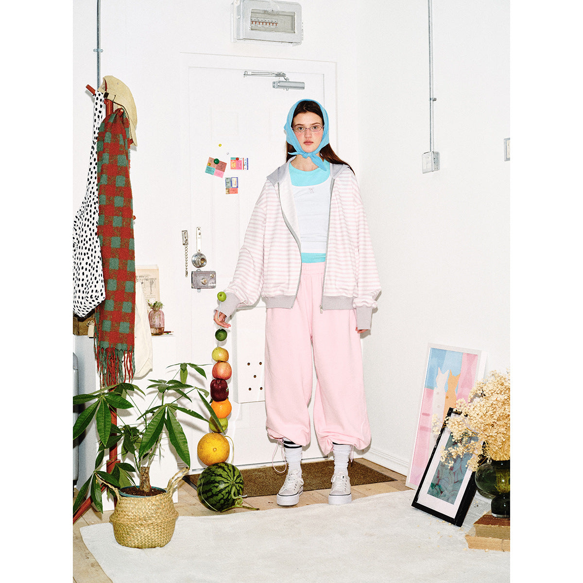 Women's Striped Hooded Zip Jacket in Boxy Cut with Ribbed Cuffs and Concealed Seam Pockets Chichicherry