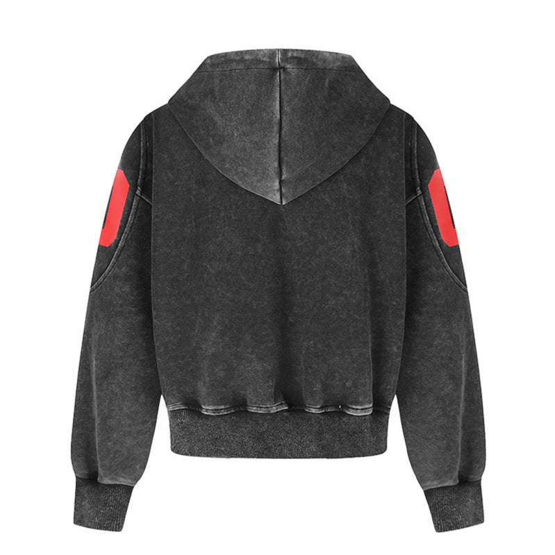 Women Short Cut Vintage Wash Hooded Zip Jacket with Gothic Print and Number Print Chichicherry