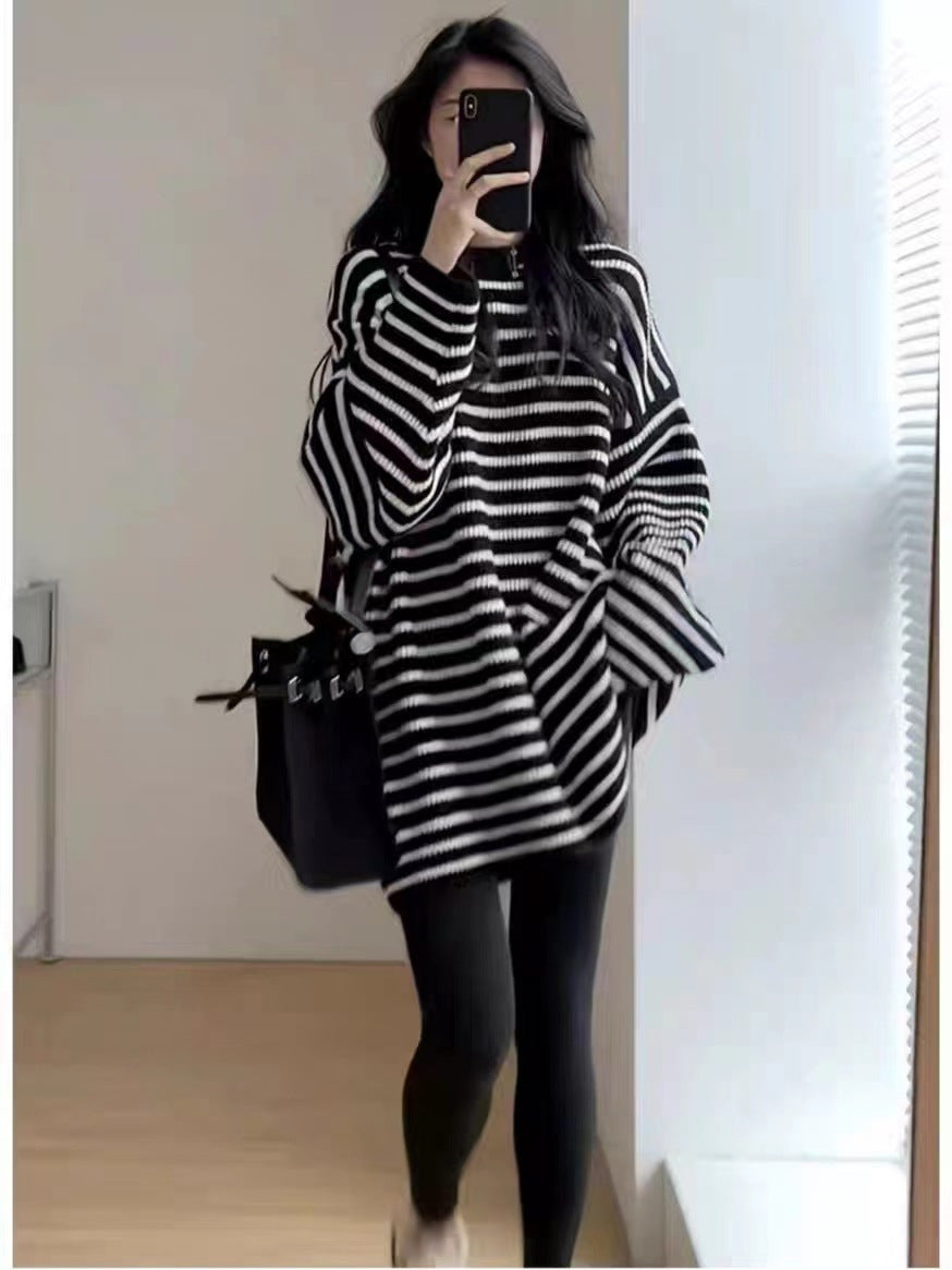 Women's Oversize Knit Long Sweater with Horizontal Stripe Structure Chichicherry