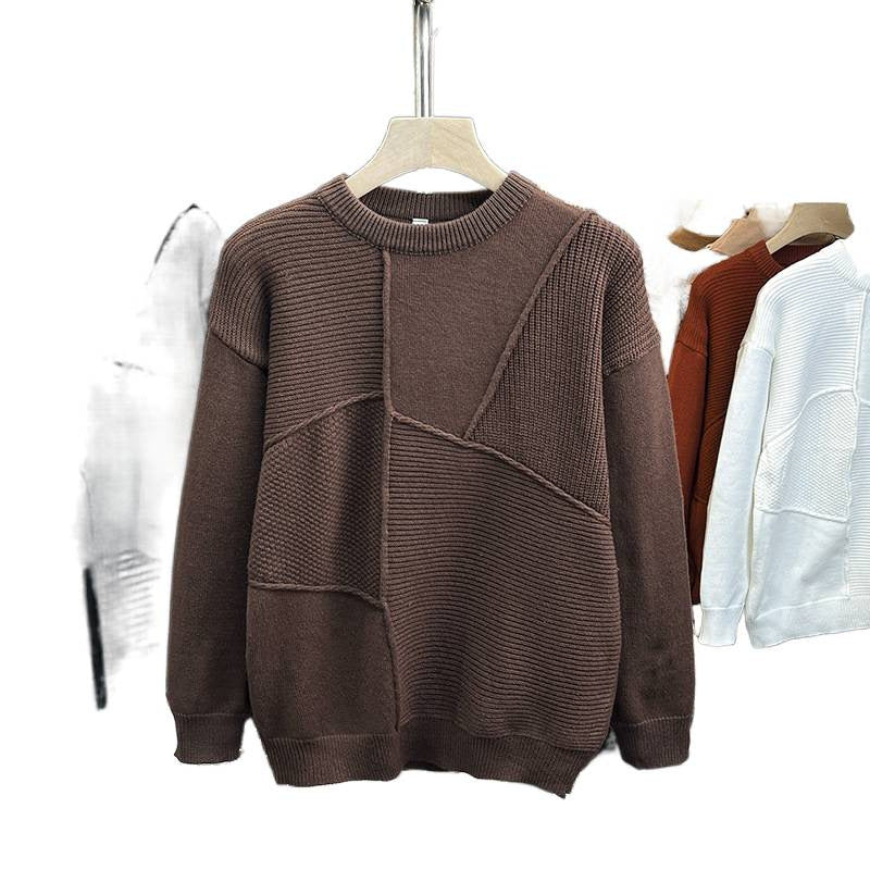 Herren Strukturierter Patchwork-Strickpullover mit Rundhals und gerippten Einsätzen Chichicherry
