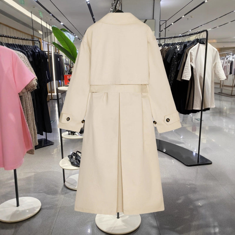 Women's Longer Trench Coat with Double-Breasted Button Placket, Waist Belt and Wide Lapels Chichicherry
