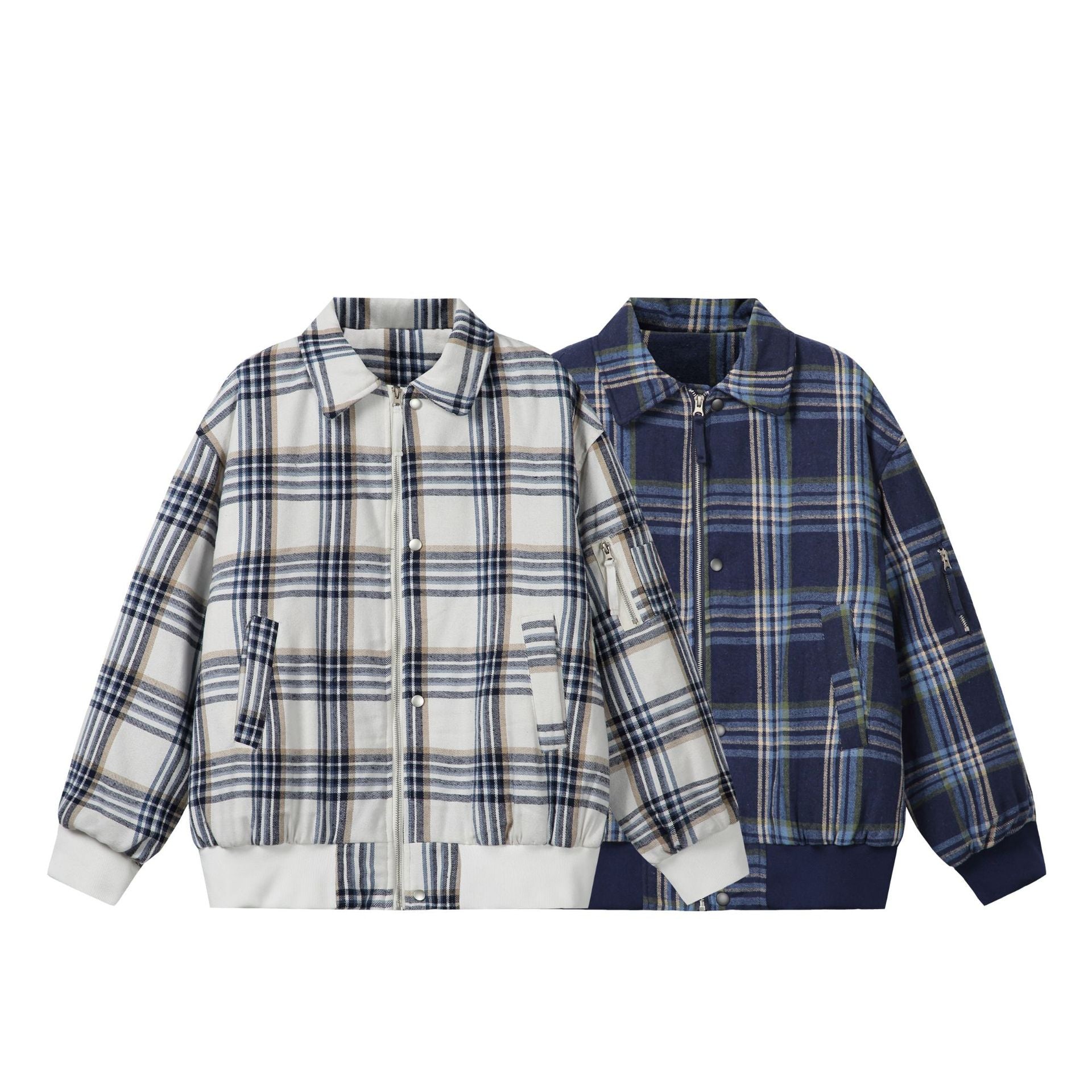 Unisex Checked Boxy Blouson in Oversized Cut with Rib Cuffs and Zipper Chichicherry