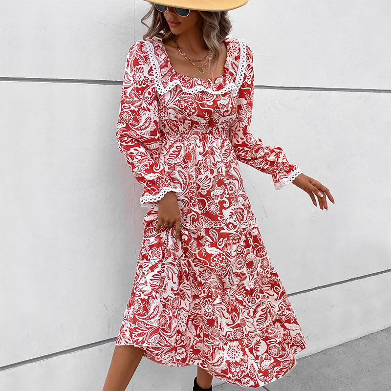 Women's Romantic Midi Dress in Boho Style with Square Neckline, Lace Trim and Waist Drawstring