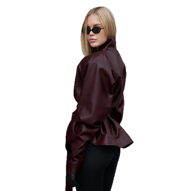 Women's leather look jacket with fitted belt and high stand-up collar Chichicherry
