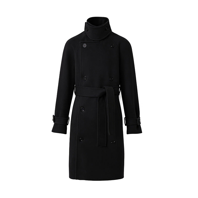 Men's Maxi Length Double-Breasted Wool Blend Coat with High Stand Collar and Tie Belt Chichicherry