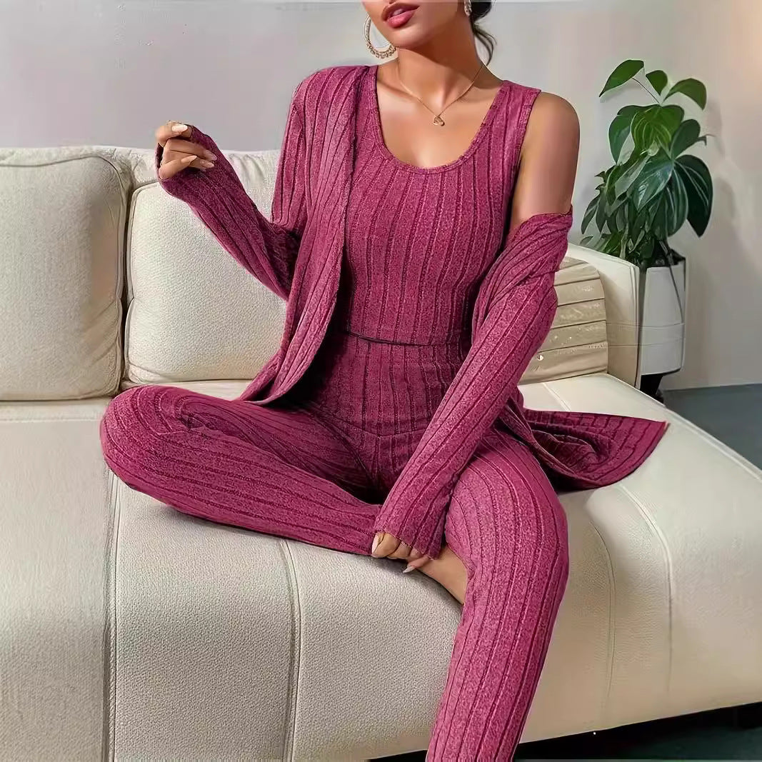 Women's Ribbed Lounge Set with Cropped Top, High-Waist Leggings and Long Cardigan Chichicherry