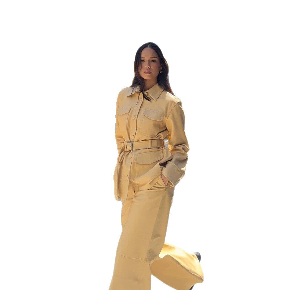 Women's Tailored Utility Jacket in Safari Style with Wide Tie Belt and Flap Pockets
