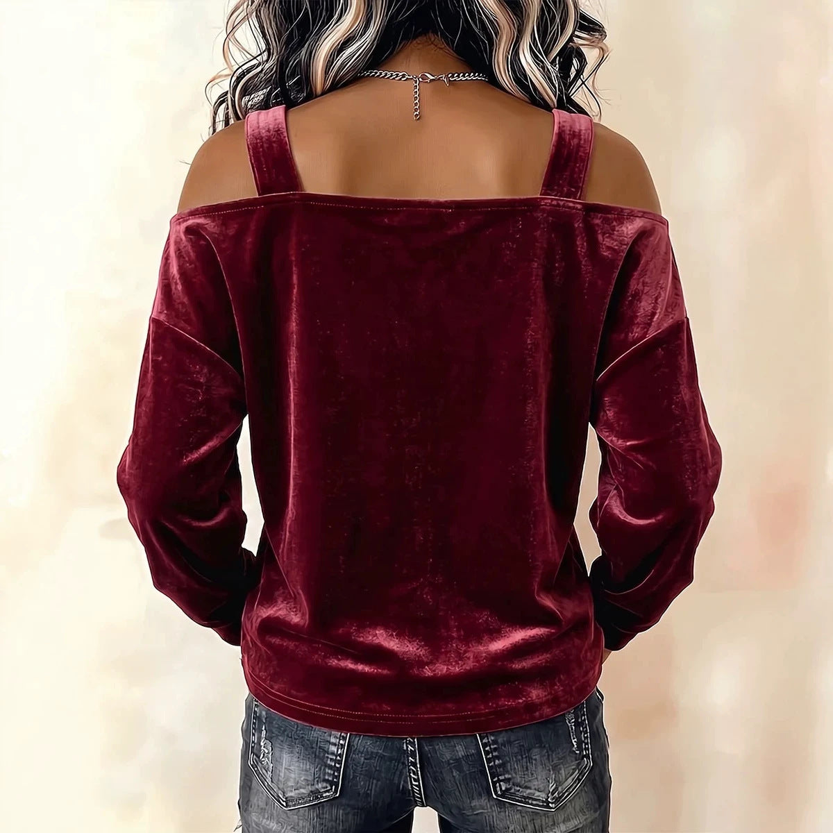 Women's Off-The-Shoulder Velvet Top with Adjustable Strap and Casual Oversized Fit Chichicherry
