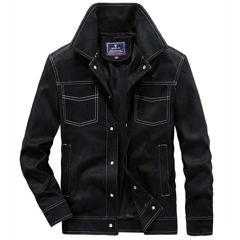 Men's Canvas Work Jacket with distinctive contrast stitching, high collar, and snap button closure Chichicherry