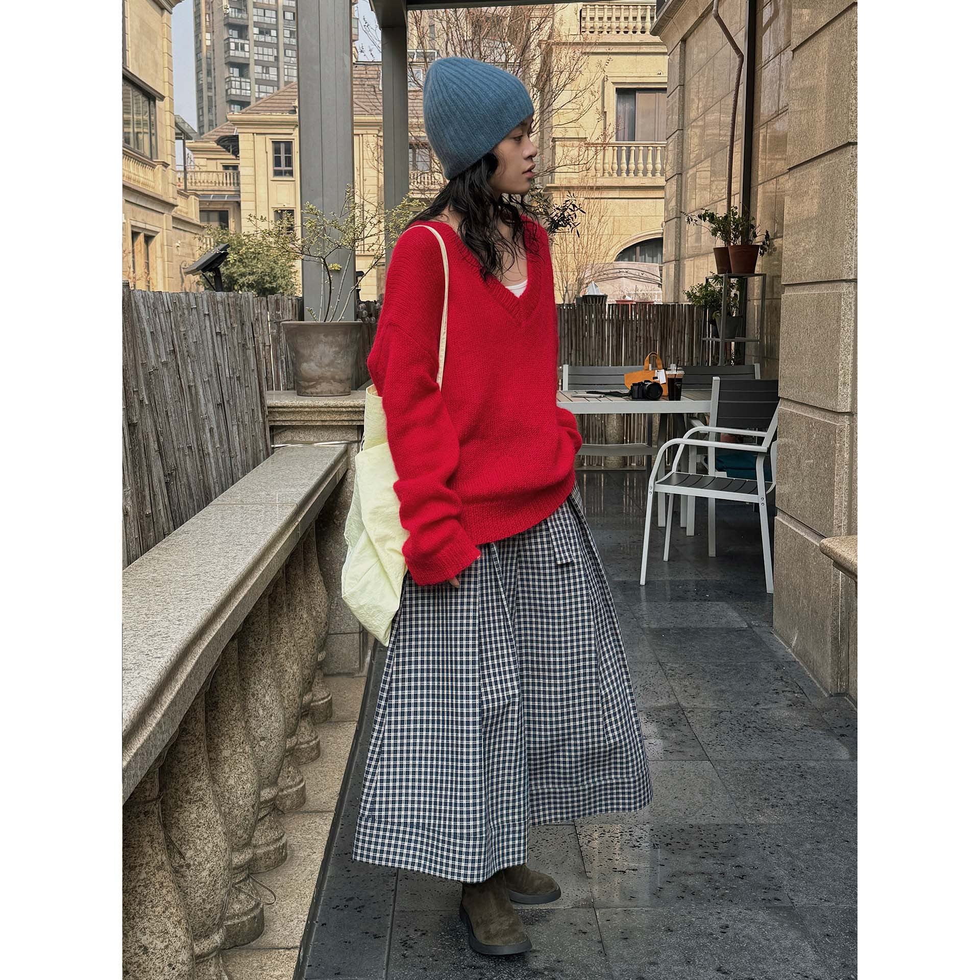 Women Oversize Mohair-Mix V-Neck Pullover with Extra Wide Sleeve Chichicherry