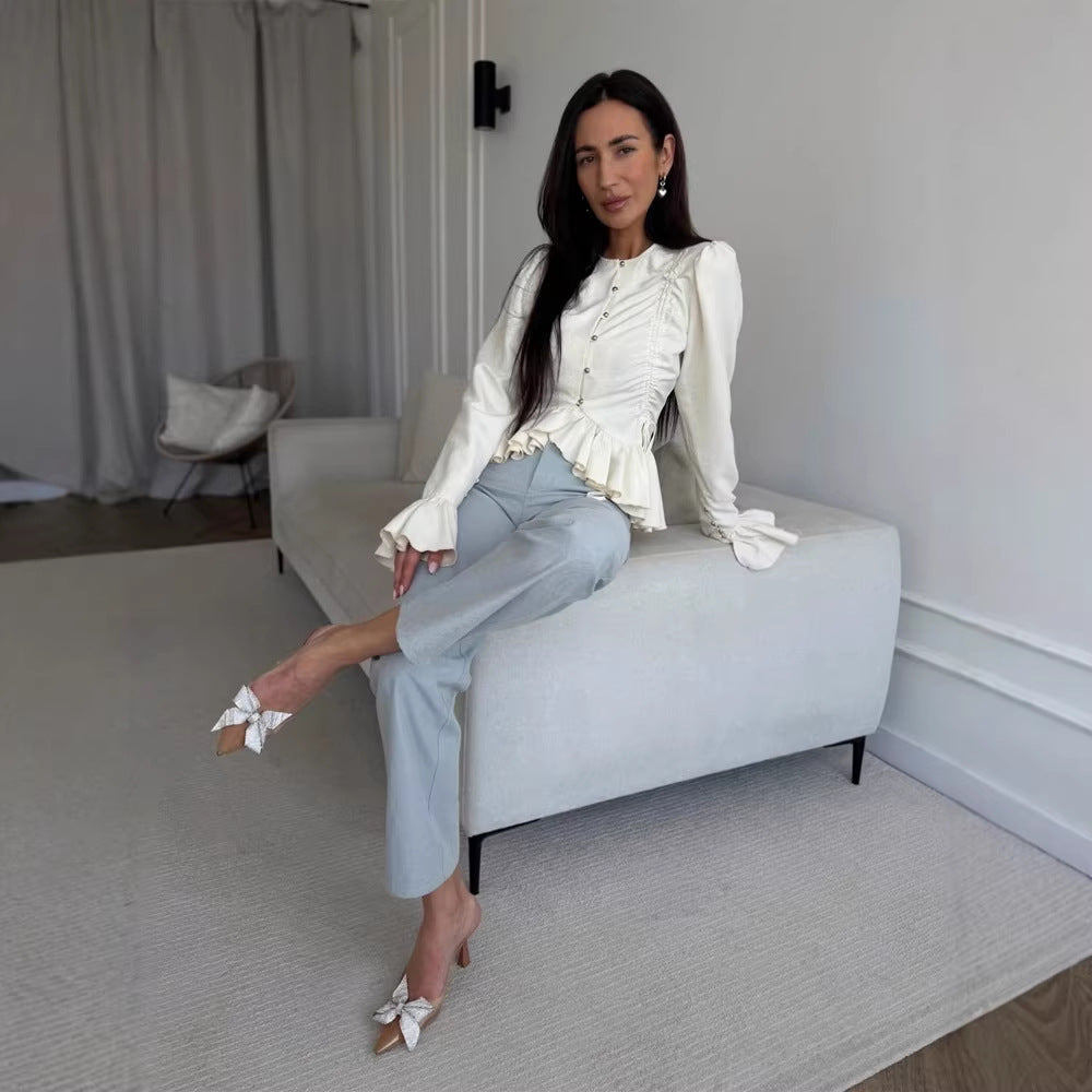 Women's Ruffled Fitted Blouse with Peplum & Puff Sleeves Chichicherry
