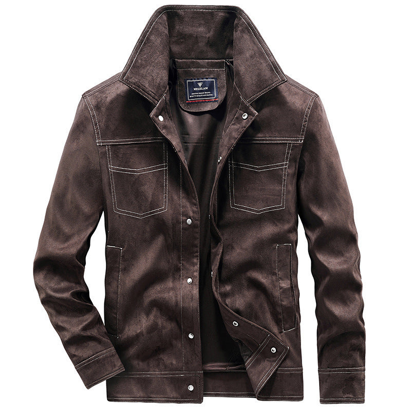 Men's Canvas Work Jacket with distinctive contrast stitching, high collar, and snap button closure Chichicherry